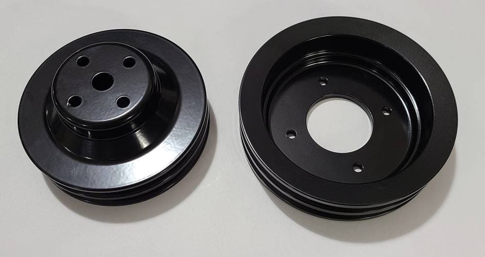 1968-70 2 Groove Crank and Water Pump Pulley Kit, also for 64-68 8 Bolt to 11 bolt Conversions, Non AC, Black Finish